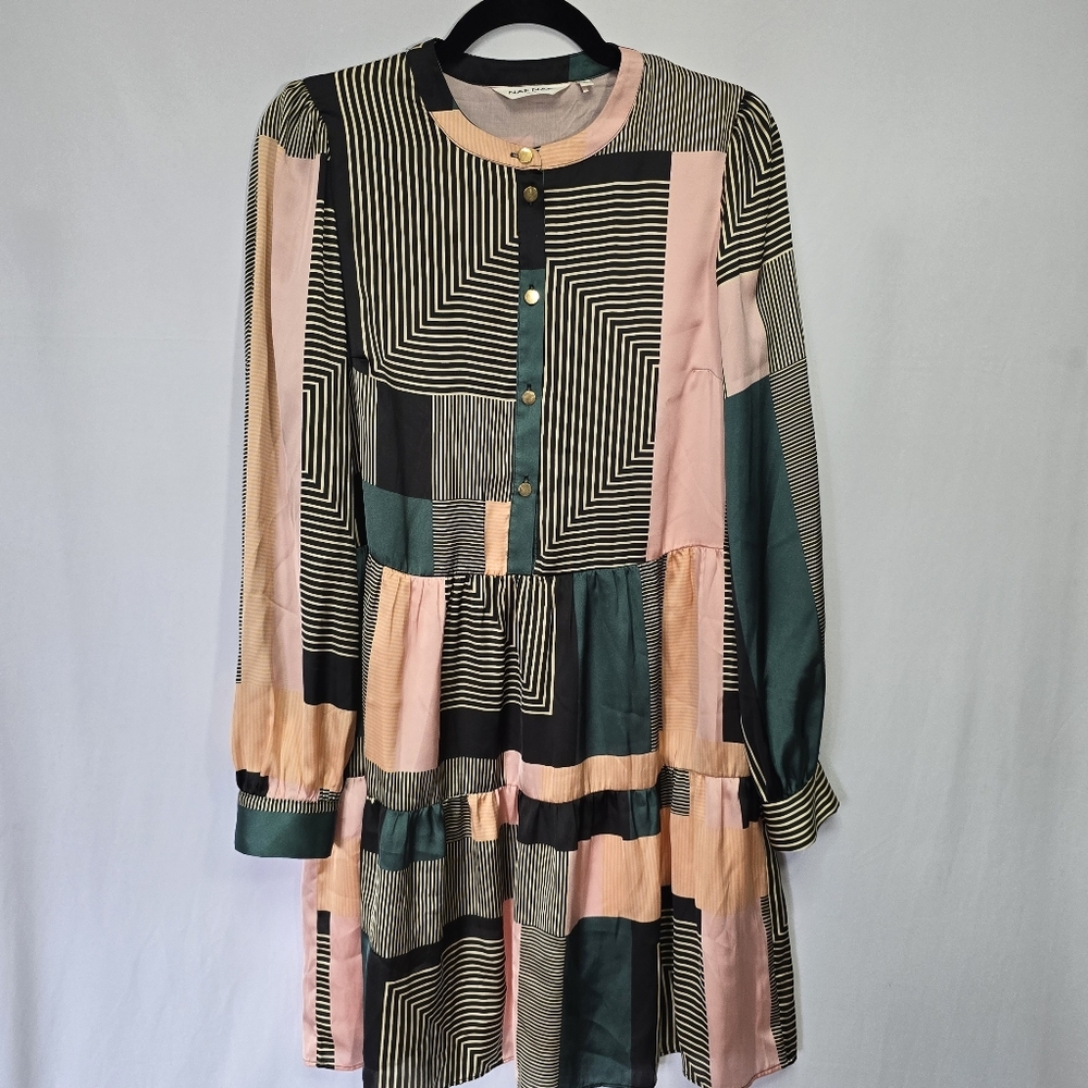 NAF NAF Paris Colorblock Striped Long Sleeve Button Front Tiered Mini Dress, 36